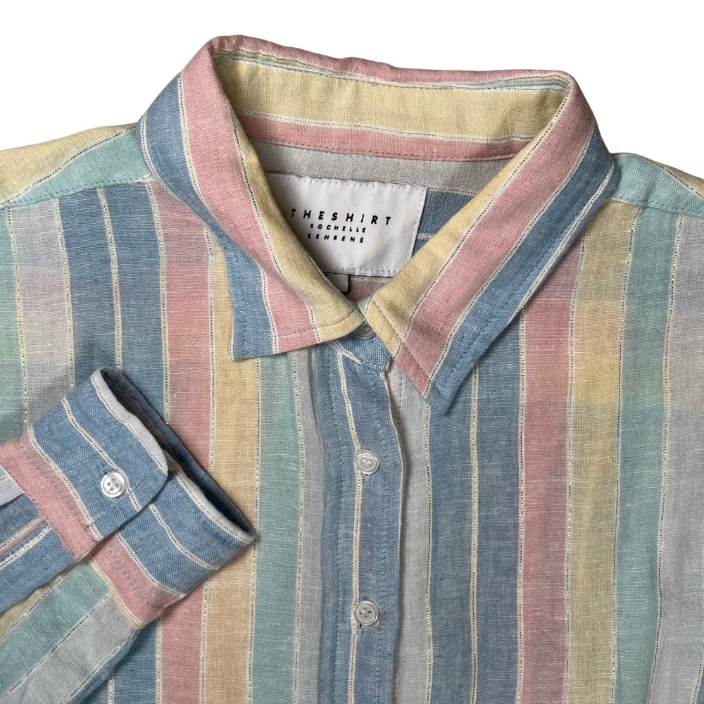 Rochelle Behrens The Shirt Button Up Women Small Pastel Stripe Linen Blend